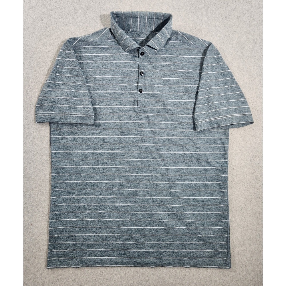 Lululemon Golf Polo Shirt‎ Men's Large Blue Striped Performance Short Sleeve